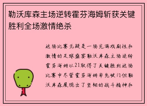 勒沃库森主场逆转霍芬海姆斩获关键胜利全场激情绝杀