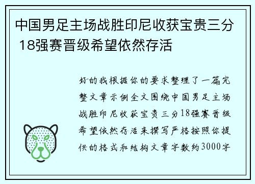 中国男足主场战胜印尼收获宝贵三分 18强赛晋级希望依然存活